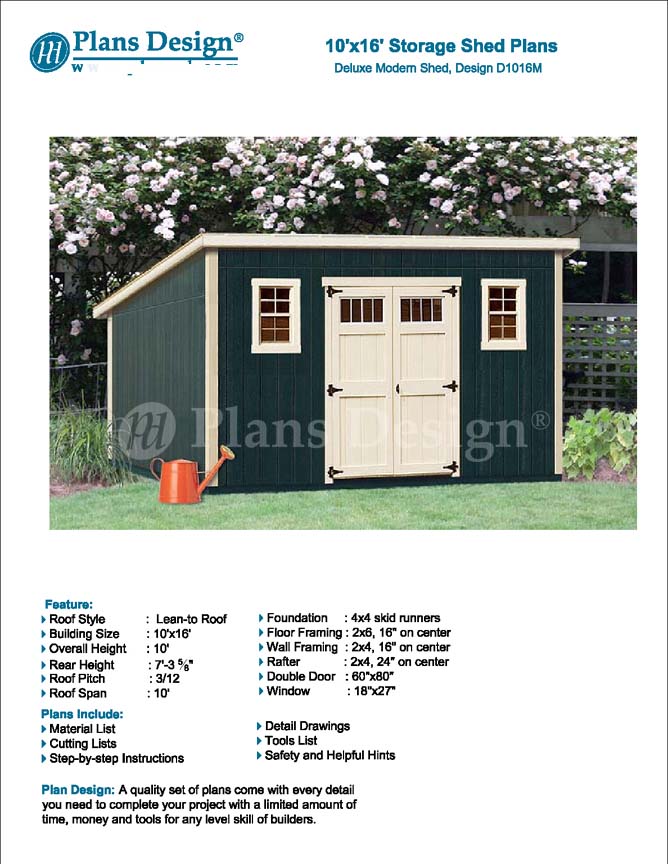 10' x 16' Shed Plans, Deluxe Modern Roof Style, Material List 