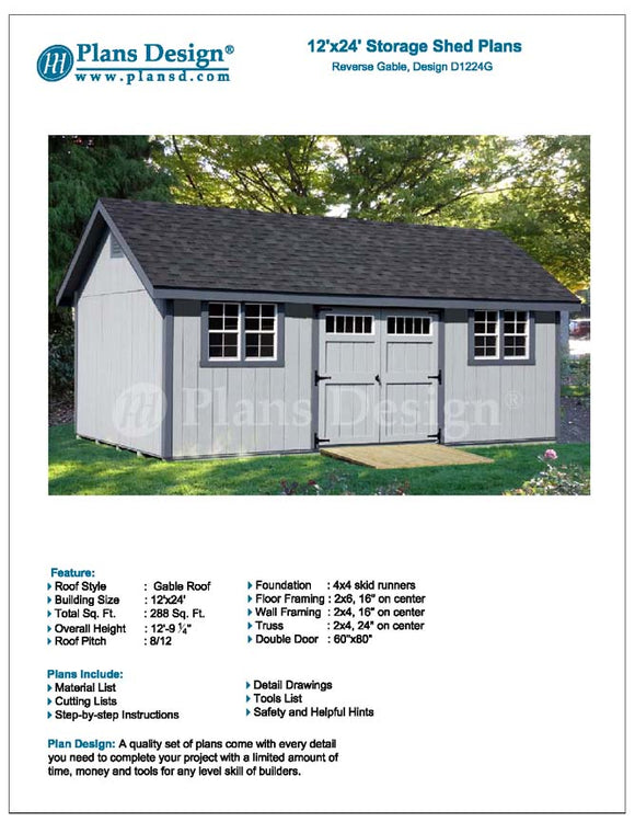 Classic Outdoor Structures Storage Shed Plans 16' x 24' Reverse Gable Roof Style, D1624G