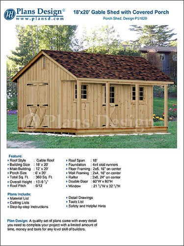 18' x 20' Building Storage / Utility Shed Detailed Plans / Blueprints, #P51820