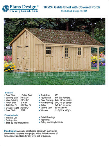 18' X 24' Shed with Covered Porch, Small Cottage or Cabin Building Plans #P51824