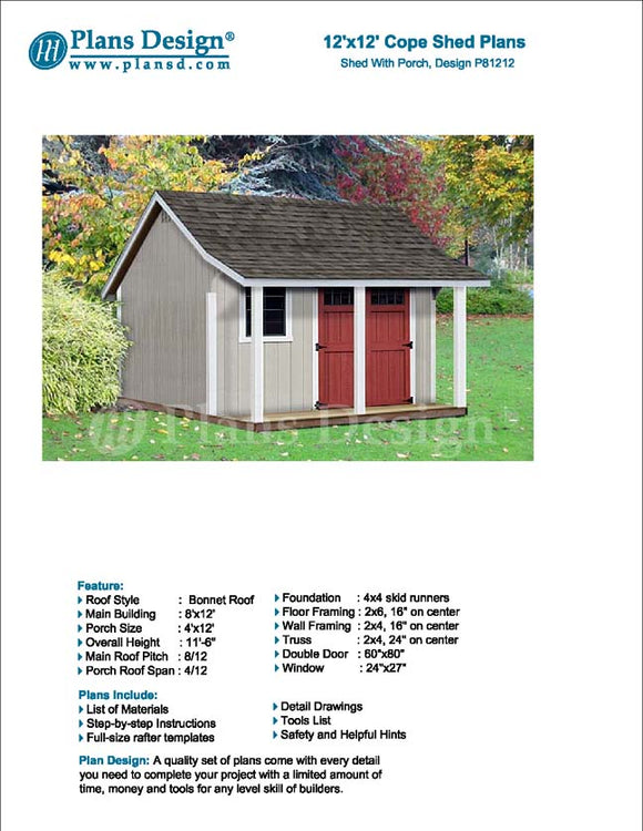12' x 12' Backyard Storage Shed with Porch Plans #P81212, Material List Included