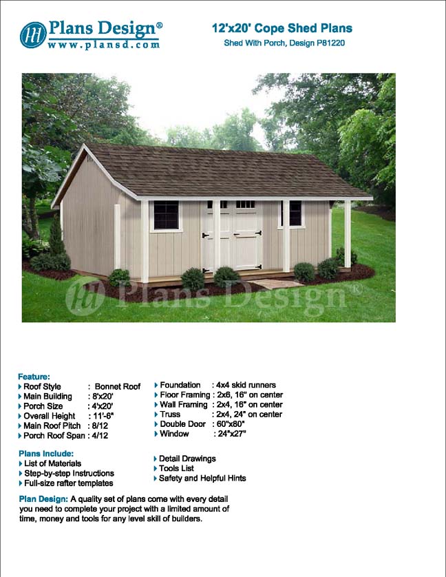 12' x 20' Storage Shed with Porch / Playhouse Plans #P81220