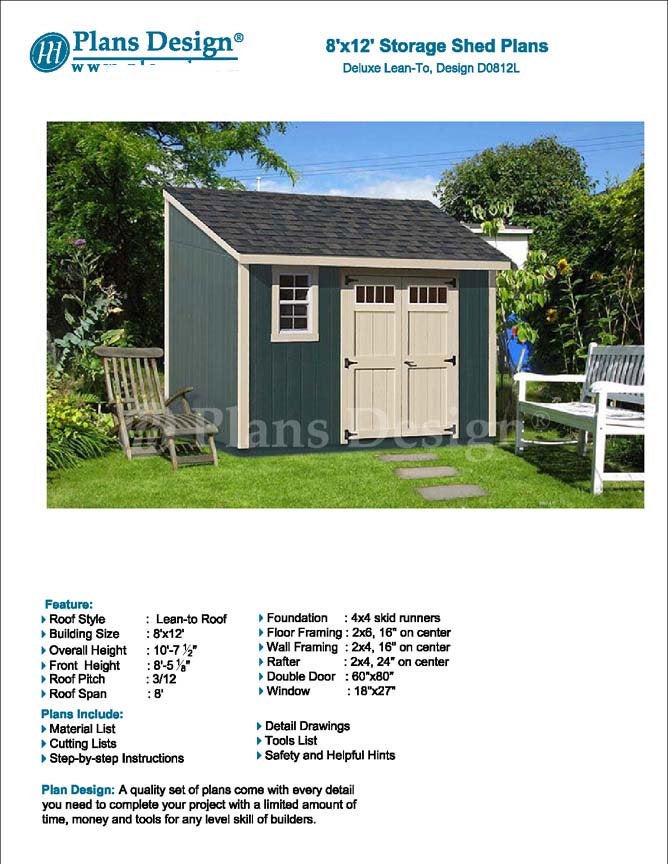 8' x 12' Garden Storage Lean-to Shed Plans / Blueprints, Material