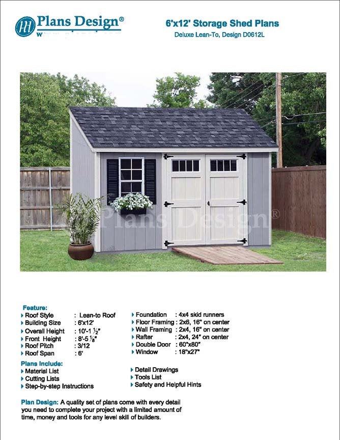 6' x 12' Garden Storage Lean-to Shed Plans / Blueprints, Material