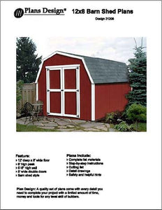 12' x 8' Barn / Gambrel Style Storage Shed Plans, Material List Included #31208
