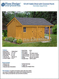 12' X 16' Gable Shed with Covered Porch Plans, Material List Included, # P51216