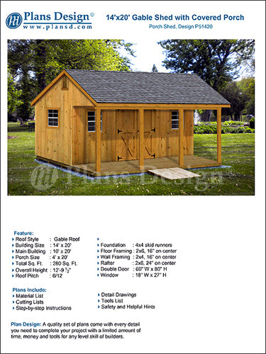 14' X 20' Storage Shed, Home Office, Cabin or Cottage Building Plans, # P51420