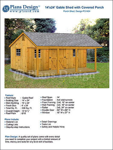 14' X 24' Storage Shed, Home Office, Cabin or Cottage Building Plans, # P51424