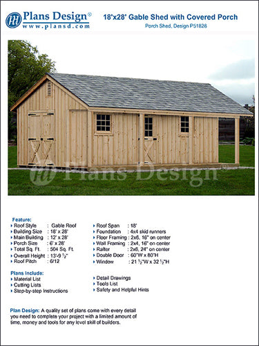 18' X 28' Storage Shed, Home Office, Guest House, Cottage or Cabin Plans #P51828