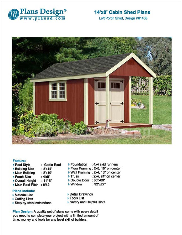14' x 8' Cabin Shed with Porch Plans Blueprint #P61408