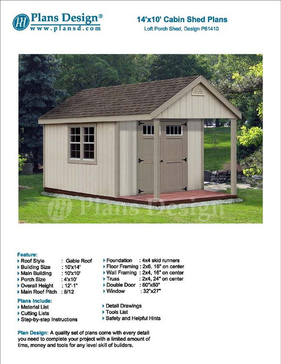 14' x 10' Cabin Loft Backyard Shed with Porch Plans #P61410