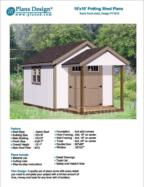 16' x 10' Potting Patio Shed with Porch Plans, Material List Included #P71610