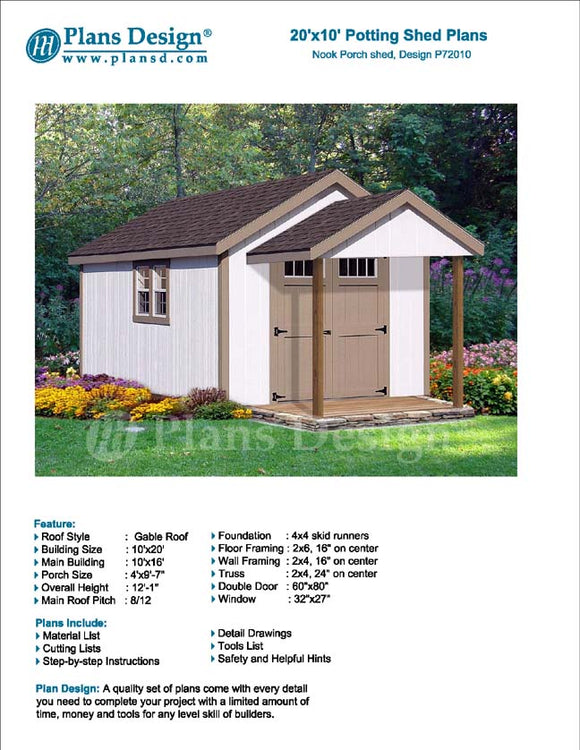 20' x 10' Potting Patio / Pool House Shed Plans, Material List Included #P72010