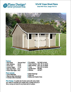 12' x 16' Shed with Porch / Pool House Plans #P81216, Material List Included