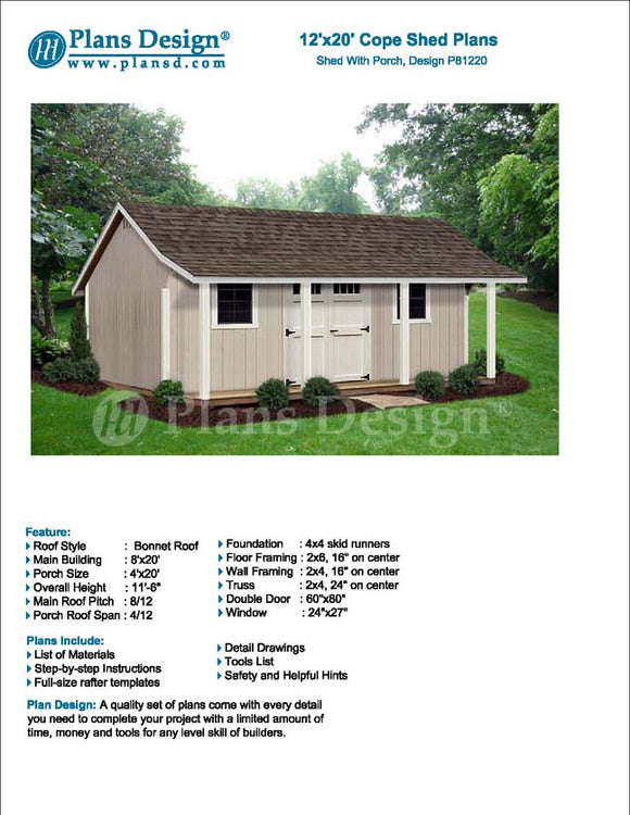 12' x 20' Storage Shed with Porch / Playhouse Plans #P81220, Material List Included