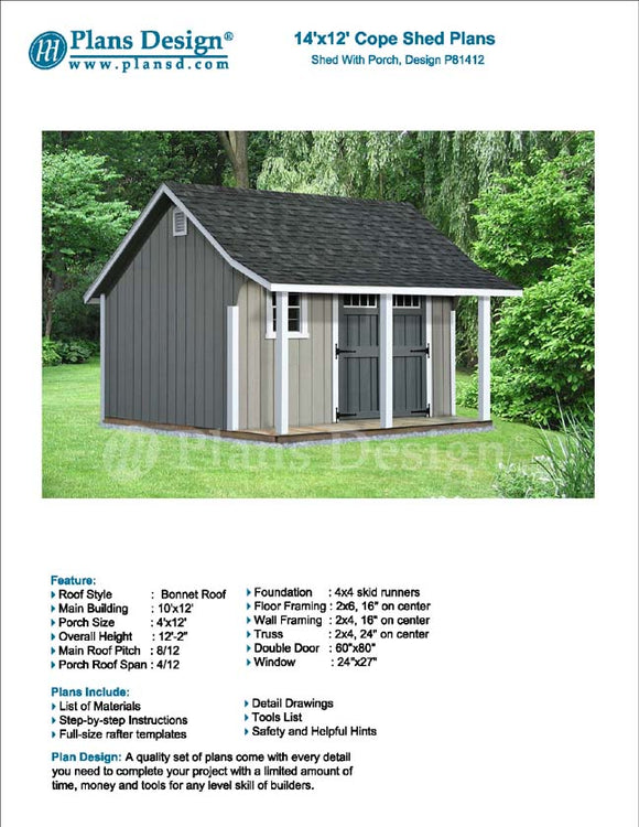 14' x 12' Backyard Storage Shed with Porch Plans #P81412, Material List Included