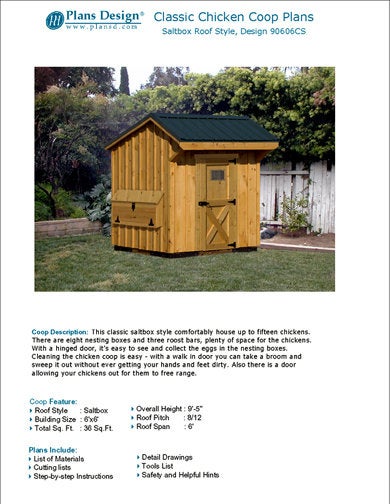 Chicken Coop Plans, 6 by 6 Duck / Hen House, Saltbox Roof Poultry Style 90606CS