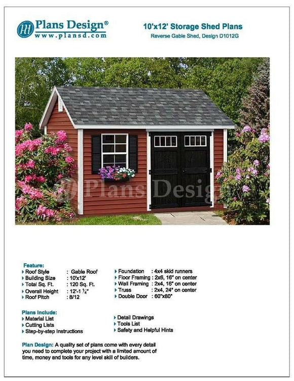10' x 12' Deluxe Shed Plans Reverse Gable Roof Style, Material List, #D1012G