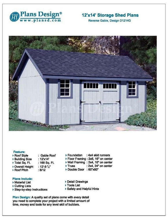 12' x 14' Reverse Gable Roof Style How to Build a Storage Shed, Design # D1214G