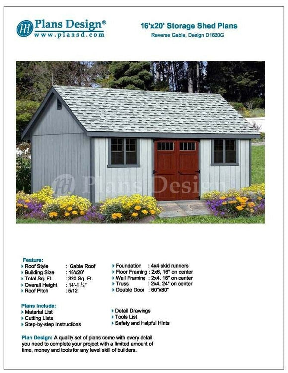 16' x 20' Reverse Gable Roof Style Classic Outdoor Structures Storage Shed Plans, D1620G