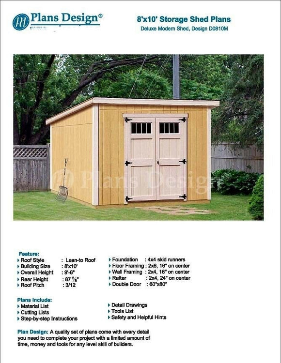 8' x 10' Modern Roof Style Deluxe Shed Plans, Design # D0810M, Material List