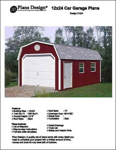 12' X 24' Car Garage, Gambrel / Barn Roof Style Project Plans - Design #31224