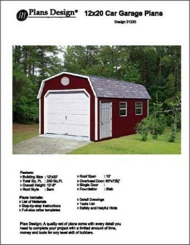 12' X 20' Car Garage, Gambrel / Barn Roof Style Project Plans - Design #31220