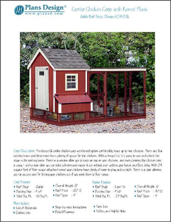 Gable Chicken Coop with Lean-to Kennel Combo Project Plans, Design 60410GL