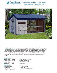 6' x 12' Large Walk in Gable / A-frame Roof Style Chicken Coop Plans # 80612CG