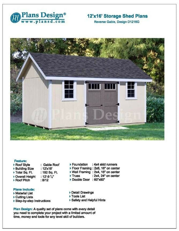 Project Plans for 12' x 16' Shed Reverse Gable Roof Style Design # D1216G