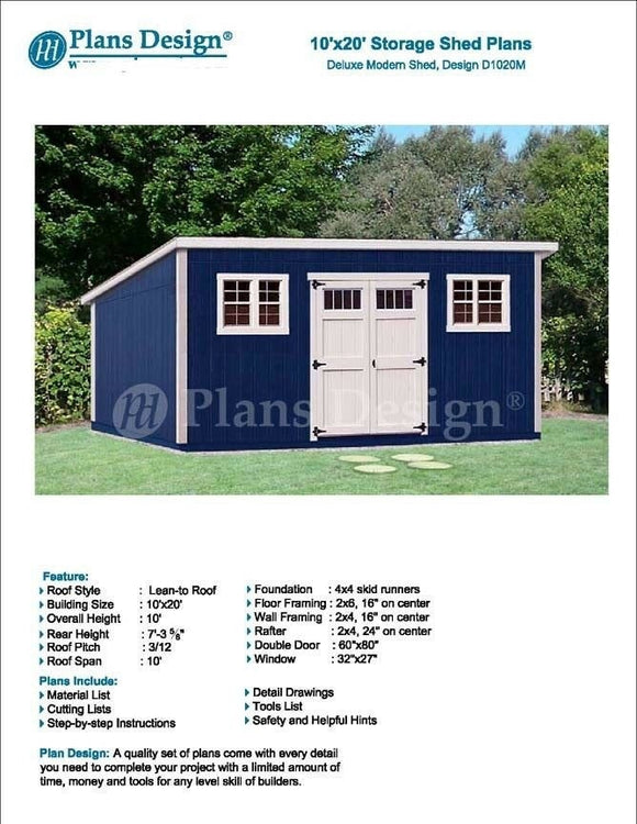 10' x 20' Deluxe Back Yard Storage Shed Project Plans / Do it yourself #D1020M