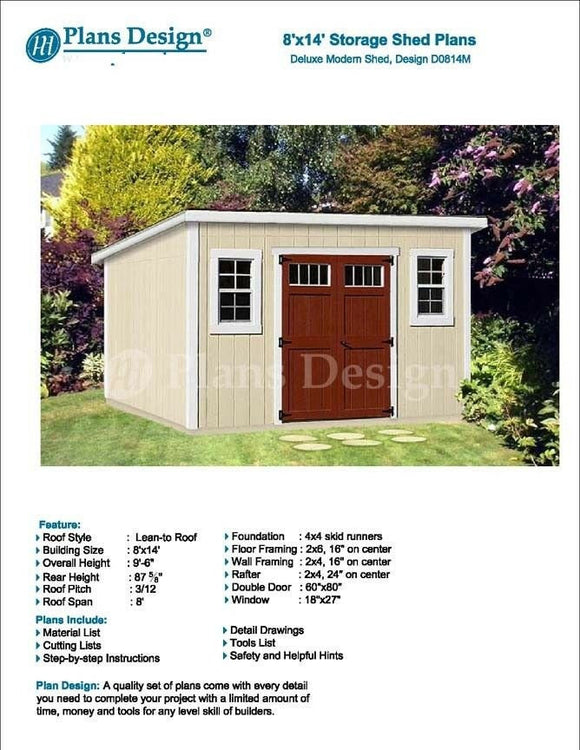8' x 14' Deluxe Storage Shed Plans / Building Blueprints, Modern Roof #D0814M