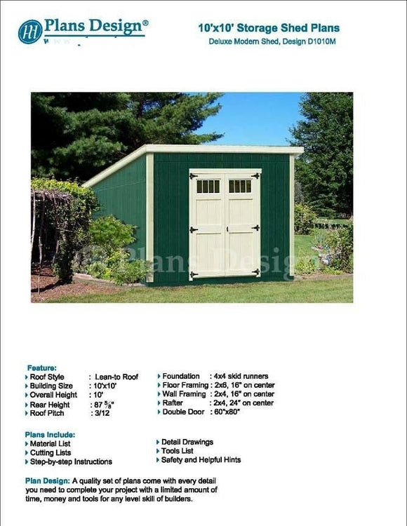 10' x 10' Deluxe Shed Plans, Modern Roof Style Design #D1010M, Material List