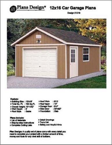 12' X 16' Car Garage Project Plans, Material List Included - Design #51216